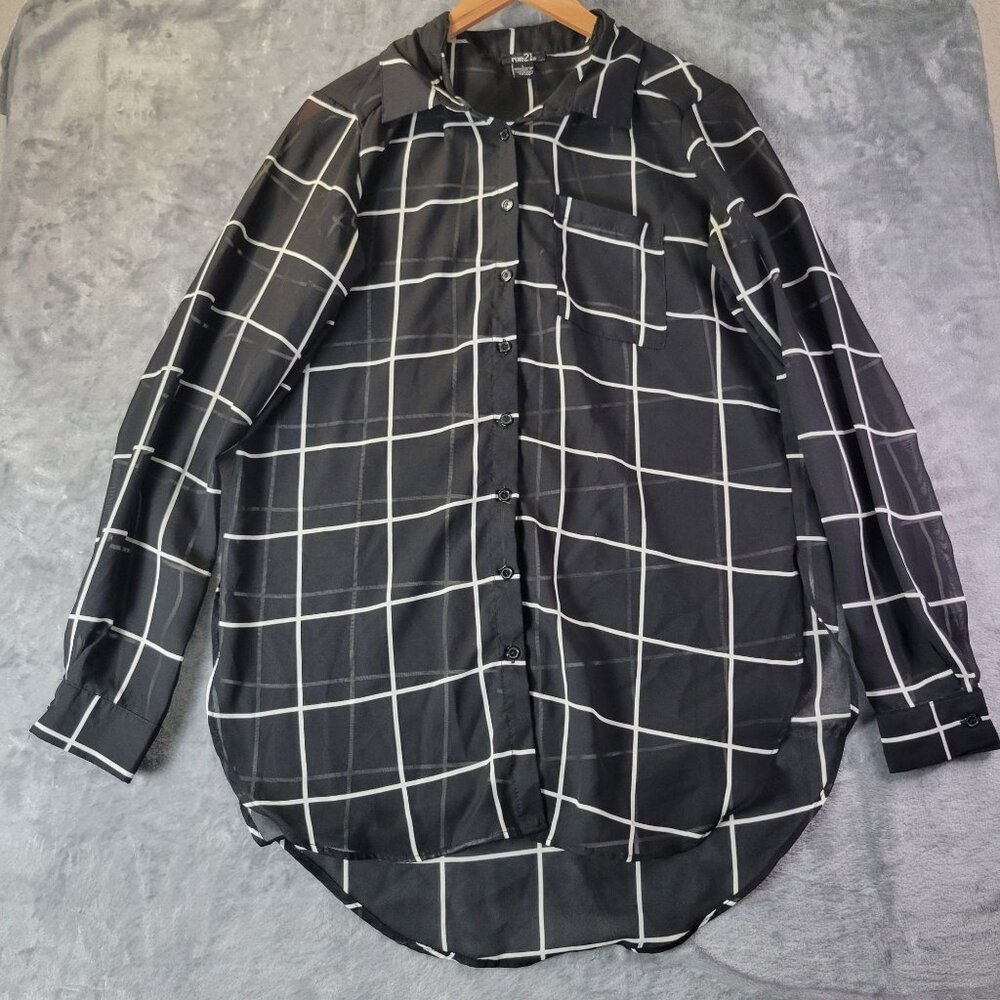 Rue21 Womens Black White Windowpane Plaid ButtonUp Shirt L Sheer Casual Workwear